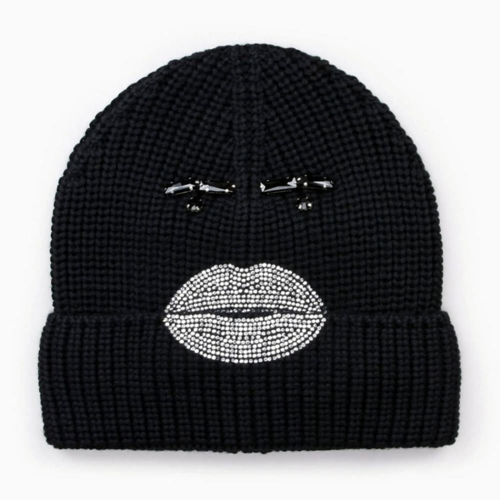 New Armani Jeans Beanie Knitted Studded Rhinestone Kiss Black Silver